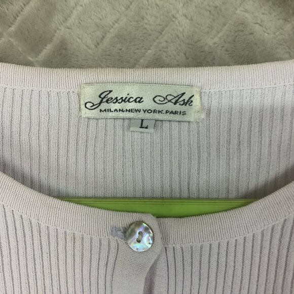 Jessica Ash Womens L Top White Cardigan Mother of Pearl Buttons Rib Knit Fitted - Picture 5 of 16